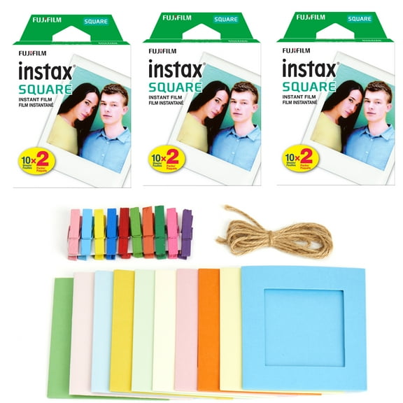 3X Fujifilm Instax Square Instant Film (60 Exposures) Hanging Photo Frames for Square Film Assorted Colors Deluxe Accessory Bundle