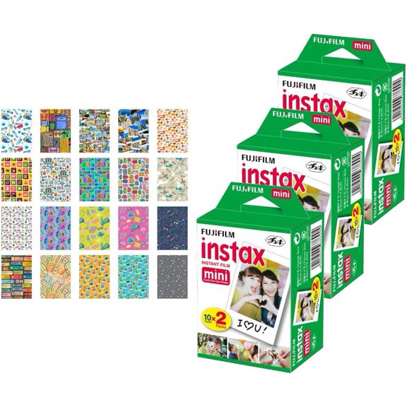 3X Fujifilm instax Mini Instant Film (60 Exposures) + 20 Sticker Frames for Fuji Instax Prints Travel Package