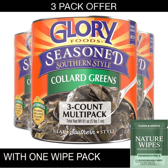 3X Glory Foods Canned Seasoned Collard Greens, 27 oz Can & Wipe Pack