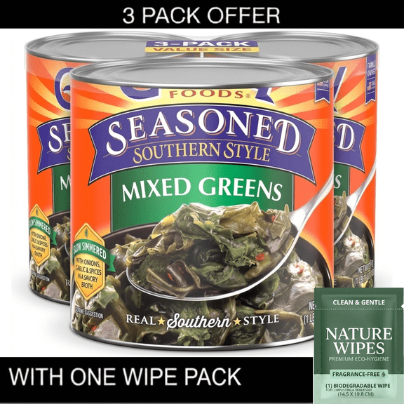 3X Glory Foods Seasoned Southern Style Mixed Greens, Canned Vegetables, 27 oz , Can & Wipe Pack