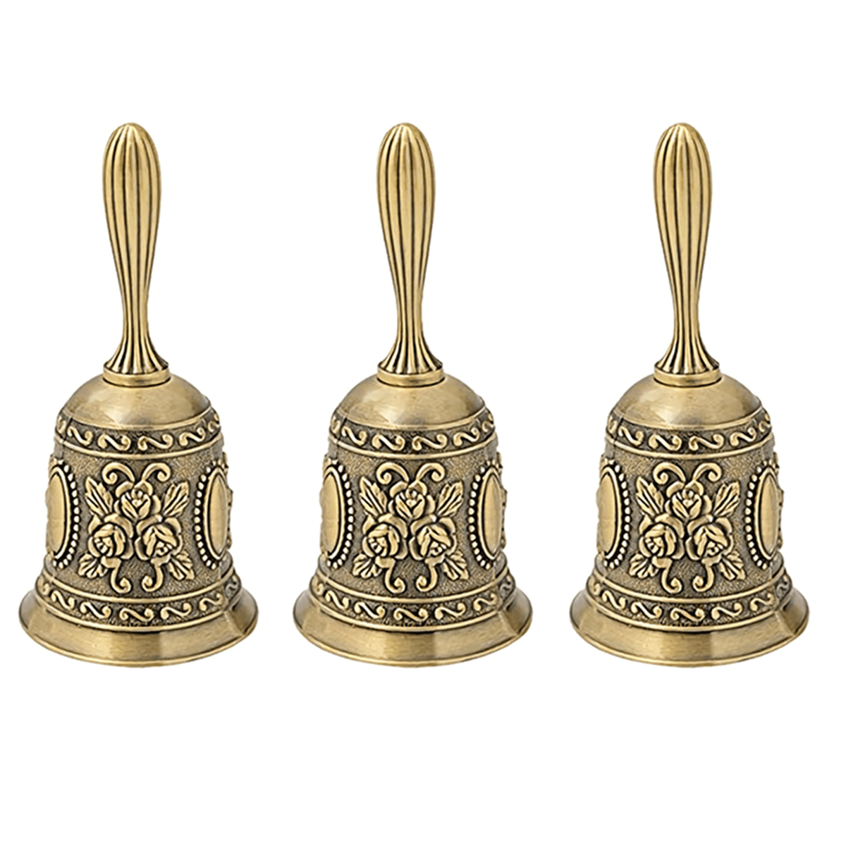 3X Hand Bell, Metal Tone Hand Hold Service Call Bell Desktop Bell Tea