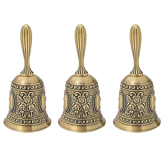3X Hand Bell, Metal Tone Hand Hold Service Call Bell Desktop Bell Tea Dinner Bell Game Bell, Gold