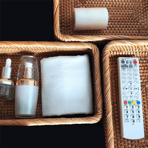 3X Hand-Woven Rectangular Rattan Wicker Basket Fruit Tea Snack Bread Picnic Cosmetic Box Kitchen Household Tools-S