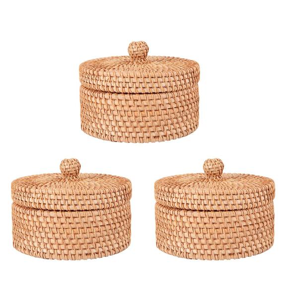 3X Handwoven Rattan Storage Box with Lid Wicker Tea Food Container Picnic Bread Fruit Cake Basket Kitchen Organizer B