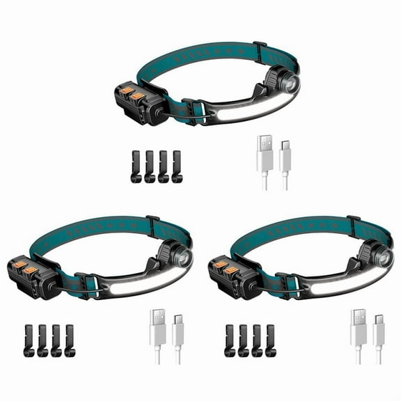 3X Head Light Lamp LED Rechargeable,1000Lumen Head Light Flashligh with Motion Sensor,with 4 Helmet Clip for Camping,3 x Headlight 3 x Charging cable 12 x buckle