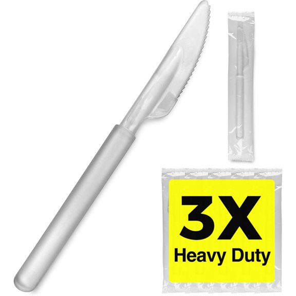 3X Heavy Duty Plastic Clear Knives Disposable Individually Wrapped, Sturdy Like Silverware, 100 Pack Steak Bulk, Packaged Utensils, Perfect for Event Catering, Restaurant and Take Out.