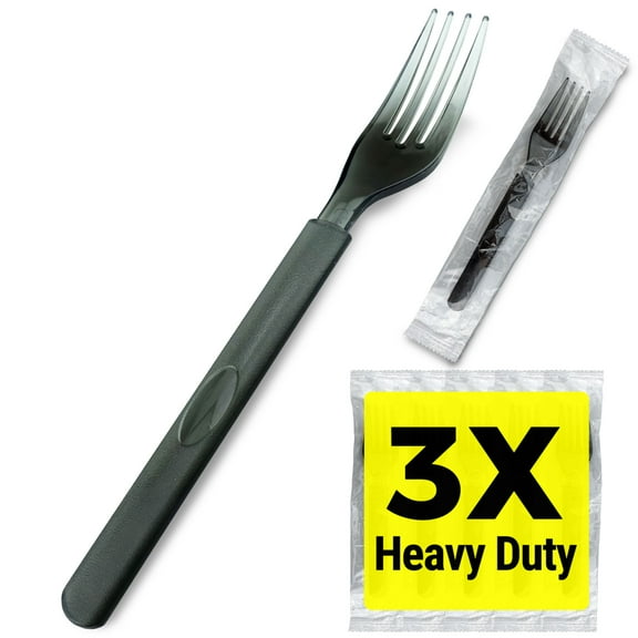 3X Heavy Duty Plastic Forks Individually Wrapped, Sturdy Like Silverware, 100 Pack Black Disposable Forks Bulk, Perfect for Event Catering, Restaurant and Take Out.
