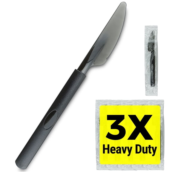 3X Heavy Duty Plastic Knives Individually Wrapped, Sturdy Like Silverware, 100 Pack Black Disposable Plastic Knives Bulk, Packaged To-Go Utensil Set, Perfect for Restaurant, Take Out and Catering.