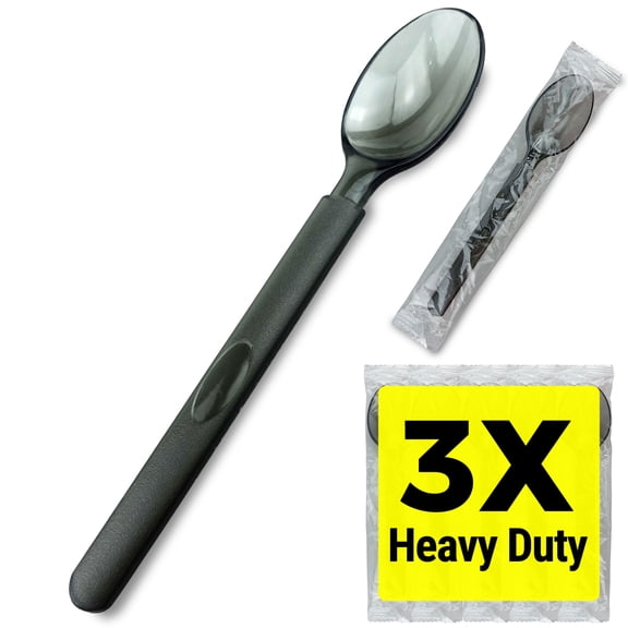 3X Heavy Duty Plastic Spoons Individually Wrapped, Sturdy Like Silverware, 100 Pack Black Disposable Soup Spoons Bulk, Perfect for Event Catering, Restaurant and Take Out.