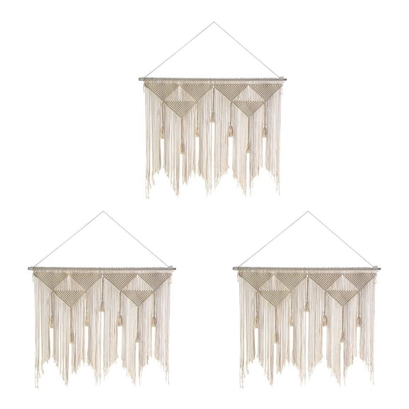 3X Macrame Wall Hanging Boho Woven Tapestry, Beige White Tassel Decor Curtain for Home Backdrop(Wood Stick Not Included),3 x Tapestry,Beige white