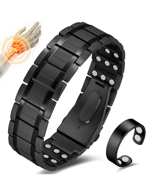 3X Magnetic Bracelets for Men Ultra Strength Magnets Upgrade Folding Clasp Titanium Bracelet & Copper Ring Adjustable with Sizing Tool