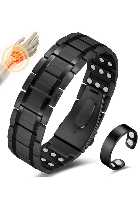 3X Magnetic Bracelets for Men Ultra Strength Magnets Upgrade Folding Clasp Titanium Bracelet & Copper Ring Adjustable with Sizing Tool