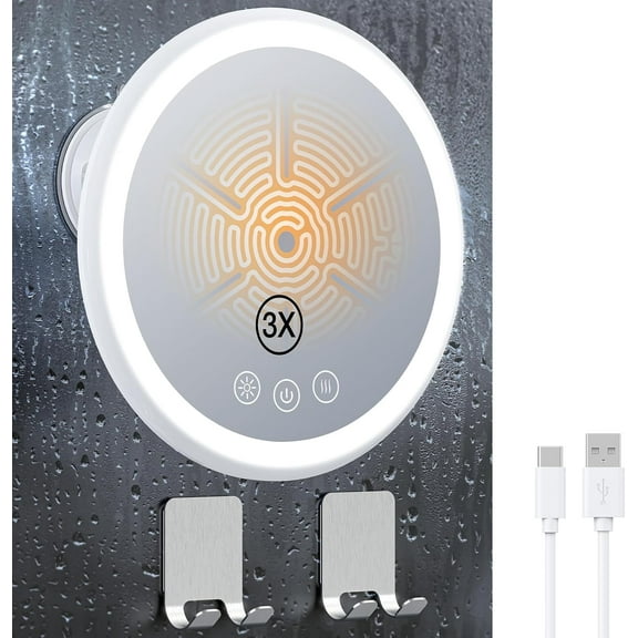 3X Magnifying Heated Shower Mirror Fogless for Shaving, 5000mAh Battery, 360 Swivel & Magnetic Design, 8.3 Anti-Fog Shaving with 3 Color Lights, Includes 2PCS Adhesive Hooks