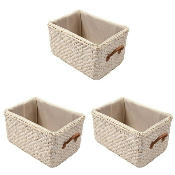 3X Manual Woven Storage Basket Handmade Laundry Wicker Baskets Sundries Organizer Clothes Toys Container -White