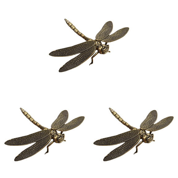 3X Mini Brass Dragonfly Casting Animal Figurine Retro Style Metal Sculpture Home Desktop Craft Decoration