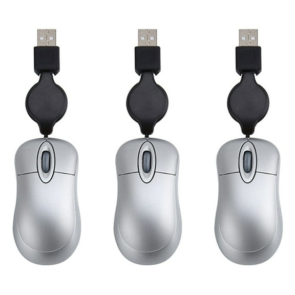 3X Mini USB Wired Mouse Retractable Cable Tiny Small Mouse 1600 DPI Optical Compact Travel Mice (Silver)
