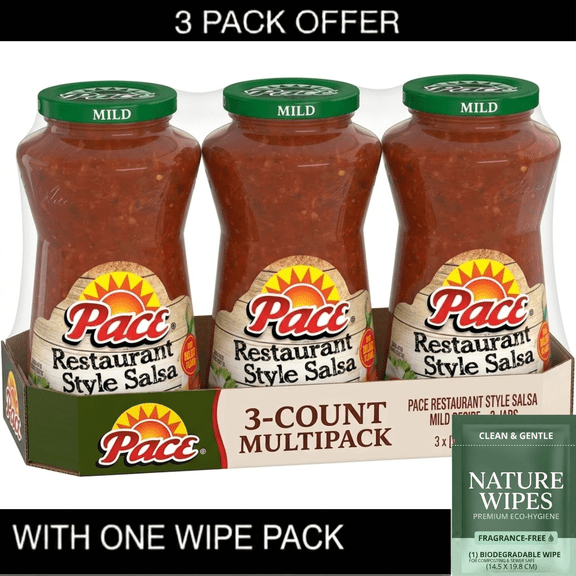 3X Pace Restaurant Style Mild Salsa, 16 oz Jar & Wipe Pack