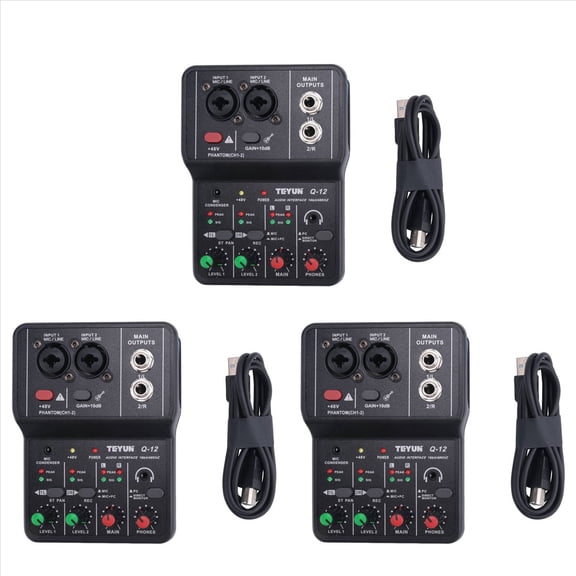 3X Q-12 Sound Card Audio Mixer Sound Board Console Desk System Interface 4 Channel 48V,3 x Q-12 Sound Card 3 x USB cable,black