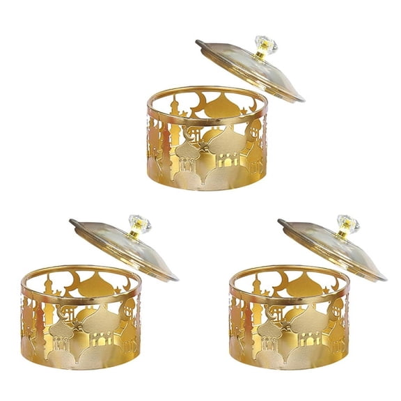 3X Ramadan Trays with Lid - Metal Gold Eid Mubarak Tray Ramadan Plate Candy Dish Food Storage Cookie Trinket Box,3 x Decorations,Gold