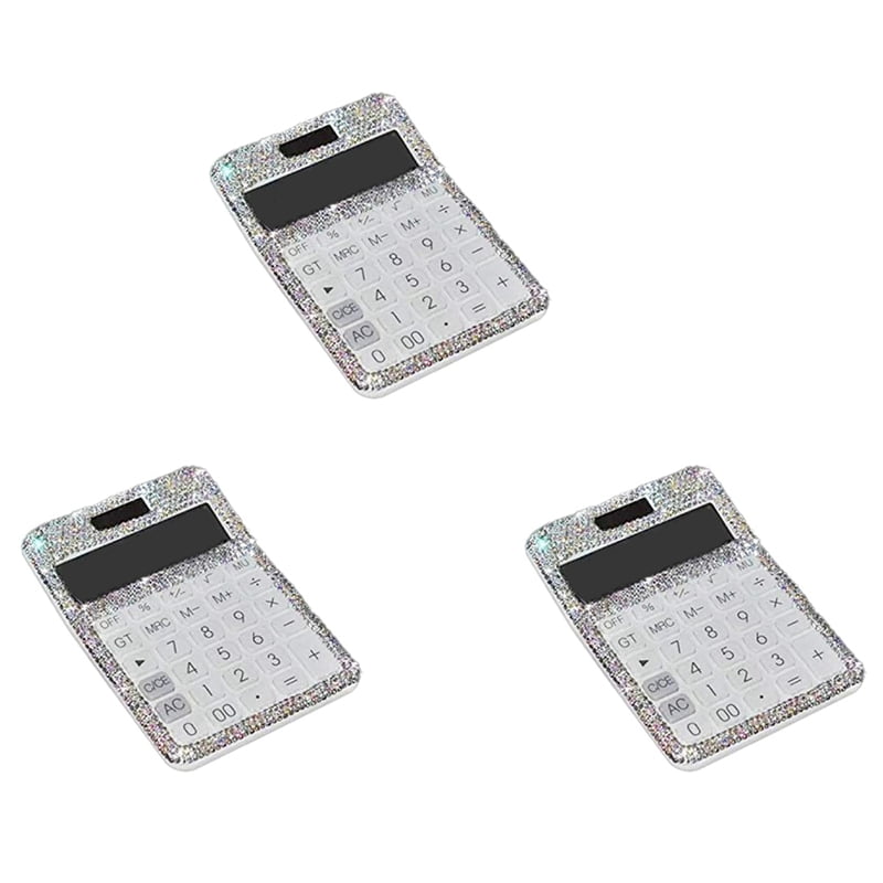 3X Rhinestone Crystal Dazzling 12 Digit Solar and Battery Dual Power ,LCD Display Calculator for Office, School White