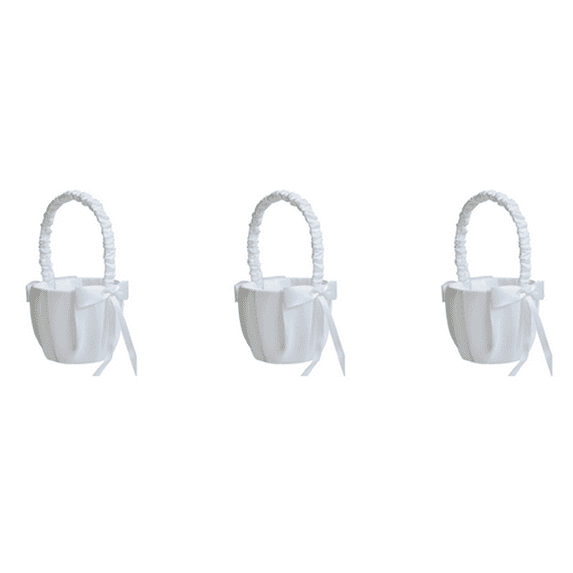 3X Romantic Bowknot White Satin Wedding Ceremony Party Flower Girl Basket
