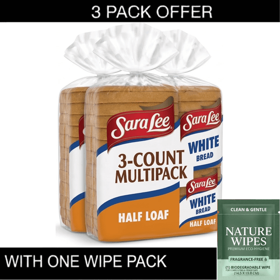 3X Sara Lee White Bread, Half Loaf, 12 oz, Sandwich Bread, Bag & Wipe Pack
