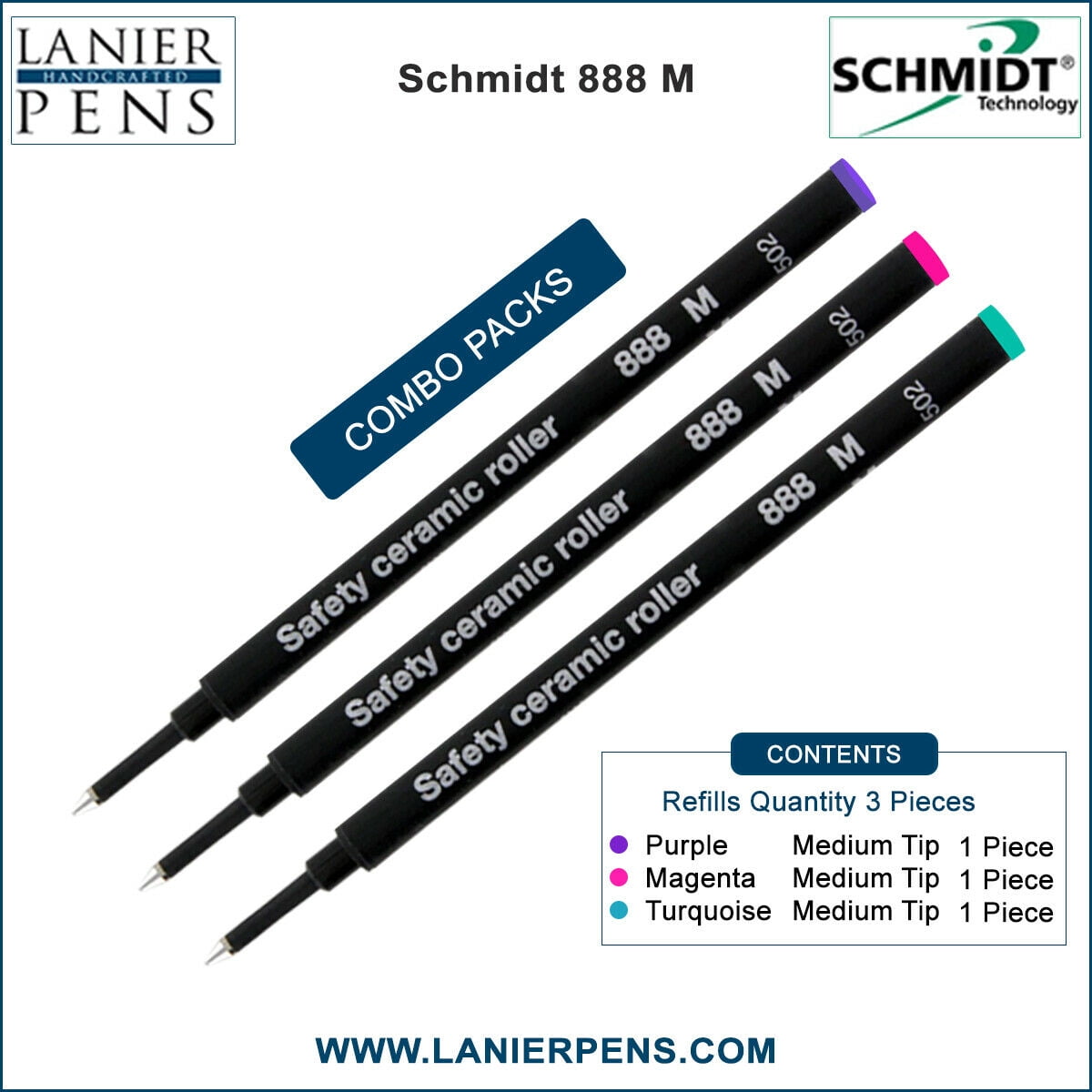3X Schmidt 888 M Safety Ceramic Rollerball Refill Purple/Magenta