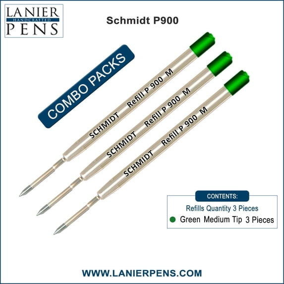3X Schmidt P900 M Parker Style Ballpoint Refill Green Ink Medium Tip