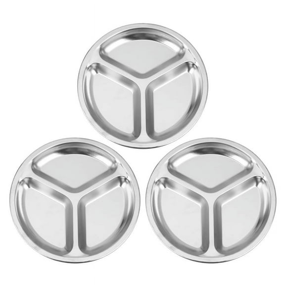 3X Stainless Steel 3 Sections Round Divided Dish Snack Dinner Plate Diameter 24cm