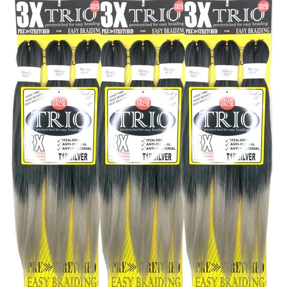 3X TRIO #T1B/Silver Pre Stretched Braiding Hair 28Inch for Easy Braiding
