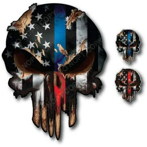 3X Thin Blue Red Line Skull American Flag Sticker Vinyl Decal Car Truck Window I Support Police and Firefighters - Peel and Stick 3M Vinyl with Bubble Free Adhesive