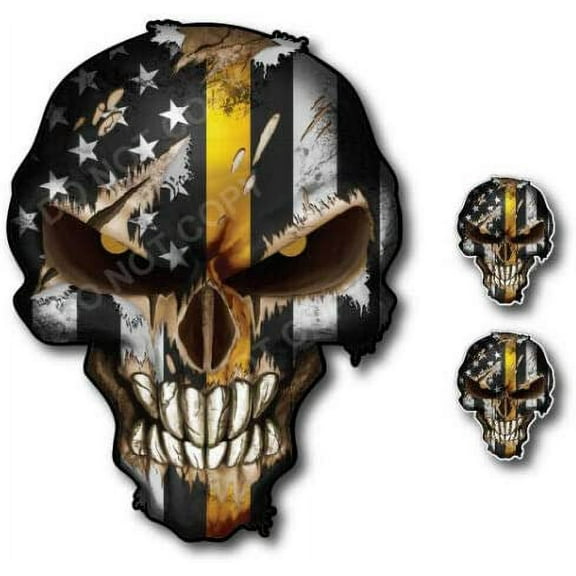 3X Thin Yellow Line Reflective Eye Skull American Flag Sticker Vinyl Decal Car Truck