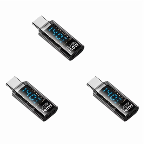 3X USB C Adapter LED Wattage Display 140W 40Gbps USB C Extension PD3.1 Type C Connector Type C Power Meter Tester Black,3 x USB C Adapter,Transparent Black
