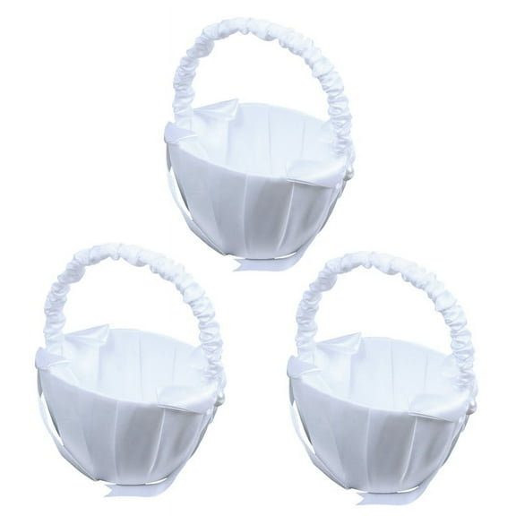3X White Satin Beaded Wedding Flower Girl Basket Bowknot Decor