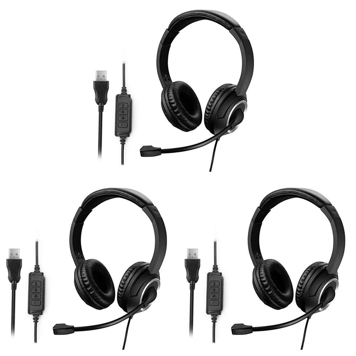 3X Wired USB Headset Call Center Headset with Microphone Game Noise Canceling over-Ear Headphones for Computer PC Laptop,3 x Headphones,Black