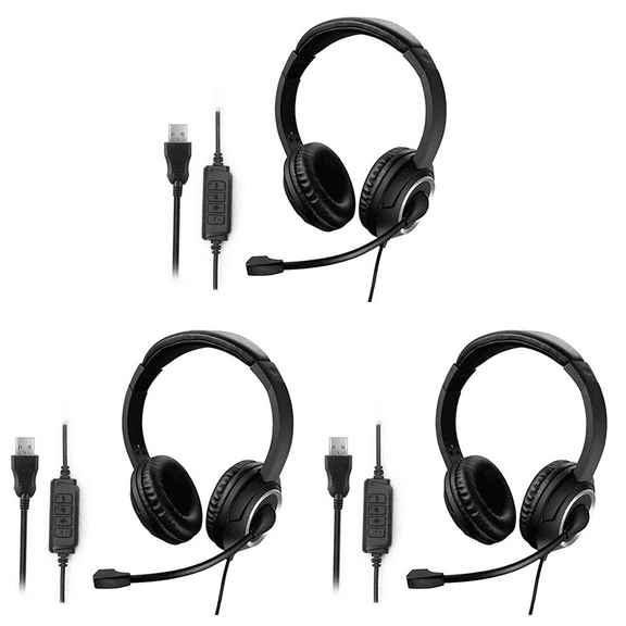 3X Wired USB Headset Call Center Headset with Microphone Game Noise Canceling over-Ear Headphones for Computer PC Laptop