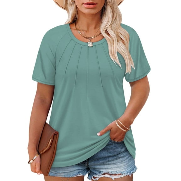 3X Womens Tops Plus Size Fashion Short Sleeve Shirts Dressy Crew Neck Blouses Cute Flattering Pleated Tees 3X Green