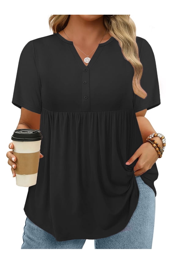 3X Womens Tops Plus Size Fashion Short Sleeve Shirts Summer Button Up Loose Fit Dressy Notched Neck Tees Black