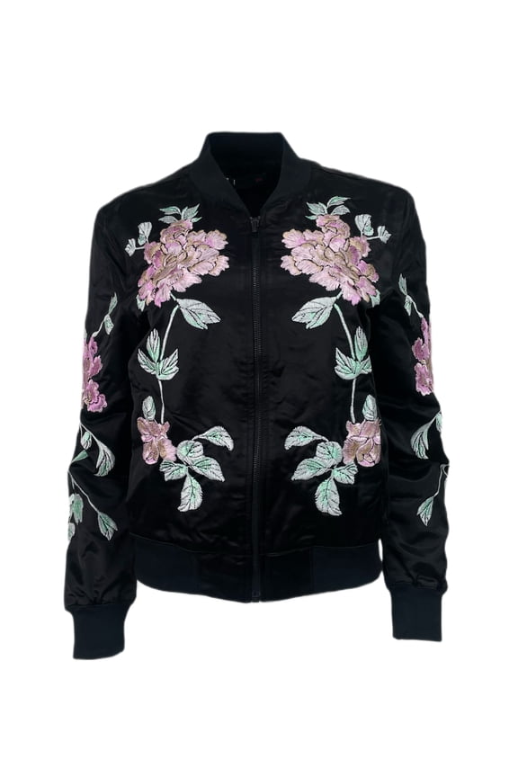Women's Long Sleeve Satin Floral Print Jacket, Black, Medium
