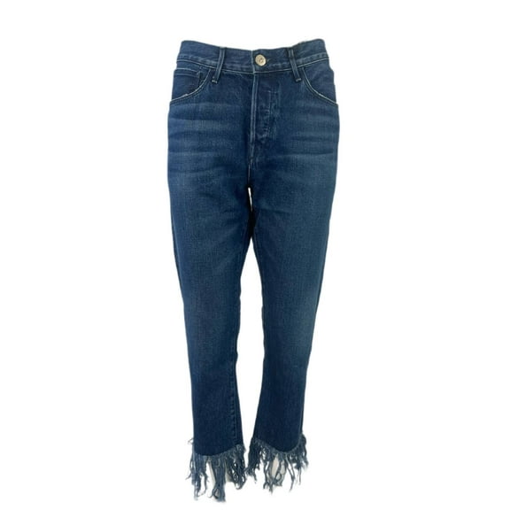 3X1 Women's Straight Mid Rise Crop Fringe Jeans, Dark Blue, 30