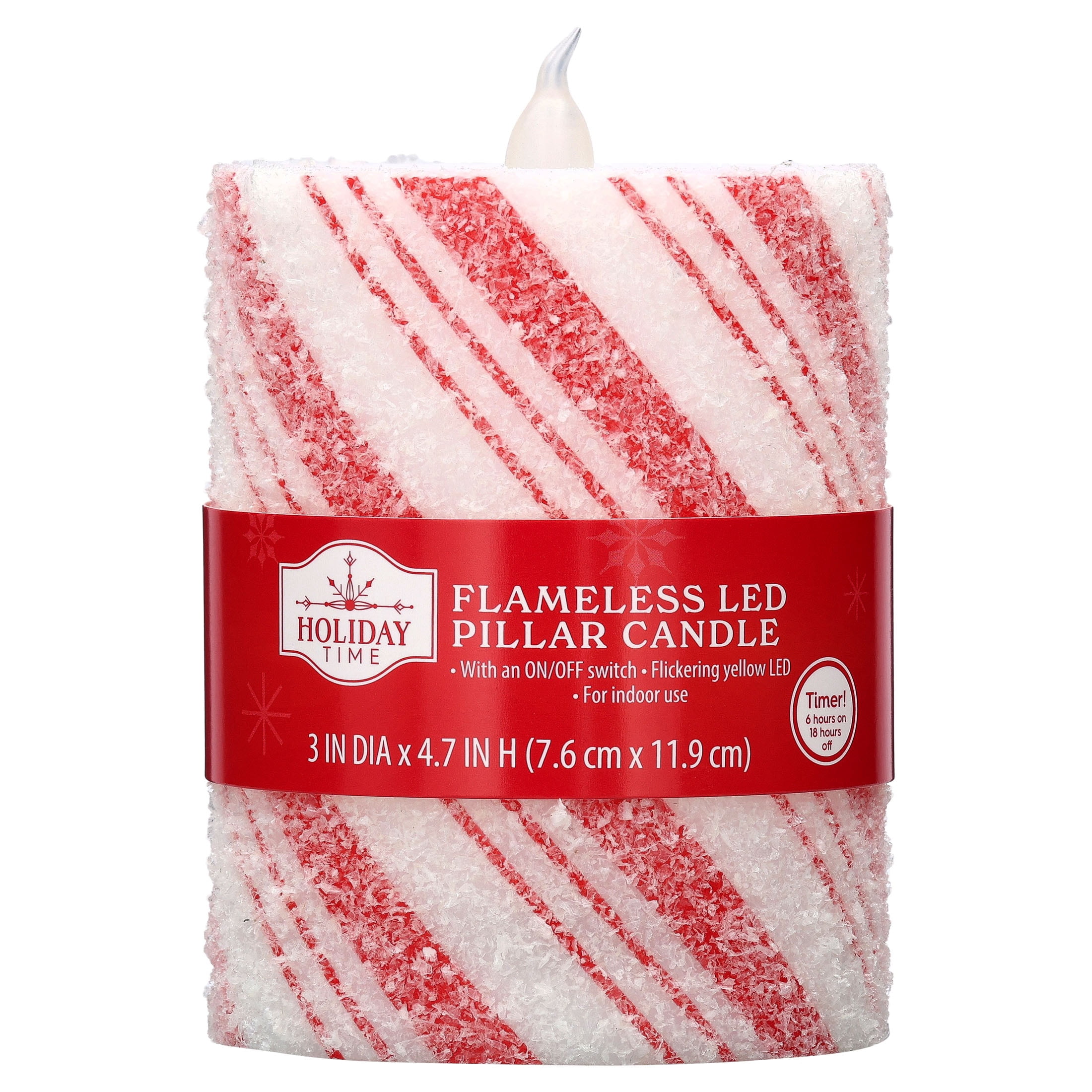 Indoor Battery-Operated LED Plastic Flameless Candy Cane Christmas Pillar Candle, Red and White, 4.7", by Holiday Time