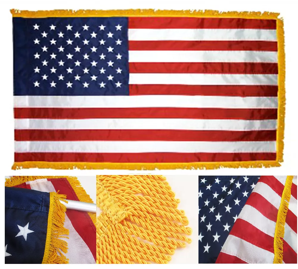 3X5 Embroidered US USA American 220-D Flag 3'x5' Indoor Pole Sleeve Gold FRINGE