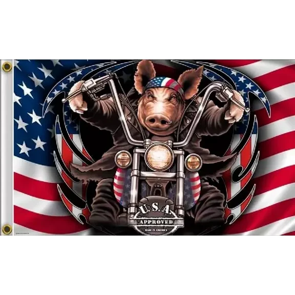 3X5 GREAT AMERICAN HOG PIG BIKER MOTORCYCLE FLAG BANNER 100D W/ GROMMETS (JC)