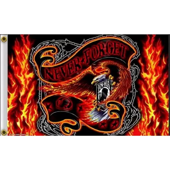 3X5 NEVER FORGET FLAMES POWMIA BIKER MOTORCYCLE BANNER 100D W/ GROMMETS (JC)