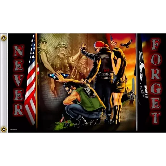 3X5 POWMIA NEVER FORGET MEMORIAL BIKER MOTORCYCLE BANNER 100D W/ GROMMETS (JC)