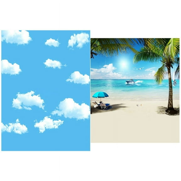 3X5Ft Blue White Cloud Photography Backdrop Screen Background Studio Props & 3X5Ft Summer Seaside Beach,2 x Photography Background,Photo Color