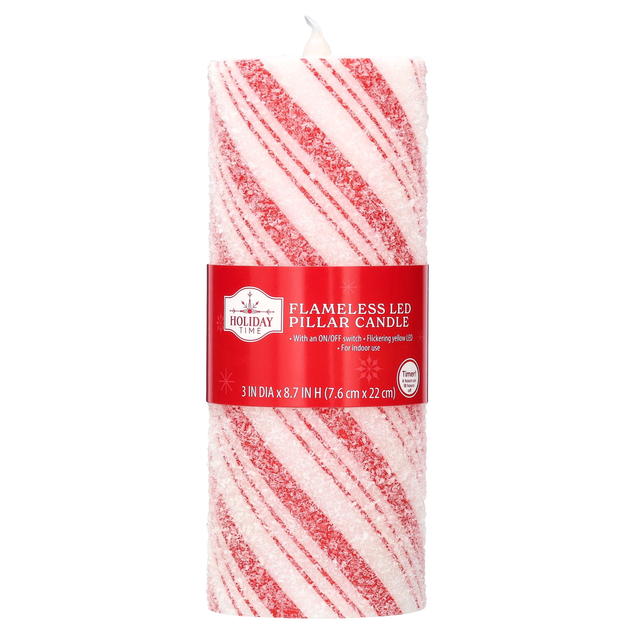 Indoor Battery-Operated LED Plastic Flameless Candy Cane Christmas Pillar Candle, Red and White, 8.7", by Holiday Time