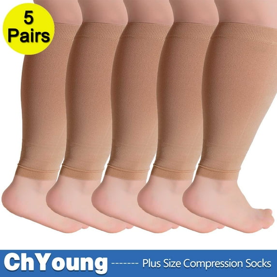 3XL(5Pack) Plus Size Leg Sleeve Support Socks for Women Men Wide Calf Compression Sleeves Comfort Graduated Compression & Soothing Relief, 5 Pairs, 3X-Large Beige,ChYoung