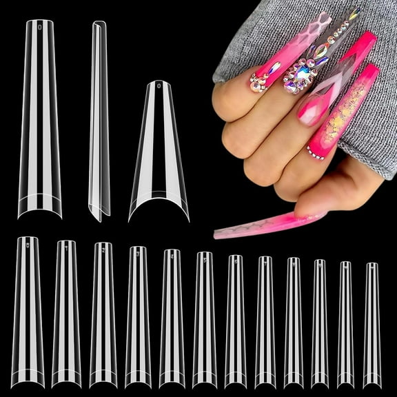 3XL Coffin Nail Tips - 504 PCS Extra Long Half Cover No C Curve Acrylic Clear Nail Tips - Soft Gel Acrylic Fake Nails Tips Professional 12 Sizes for Extension DIY Salon