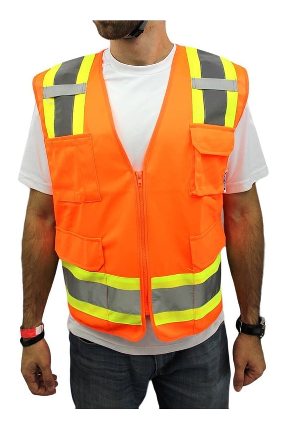 Two-Tone Zipper Closure Safety Vest, Solid Orange, 3XL